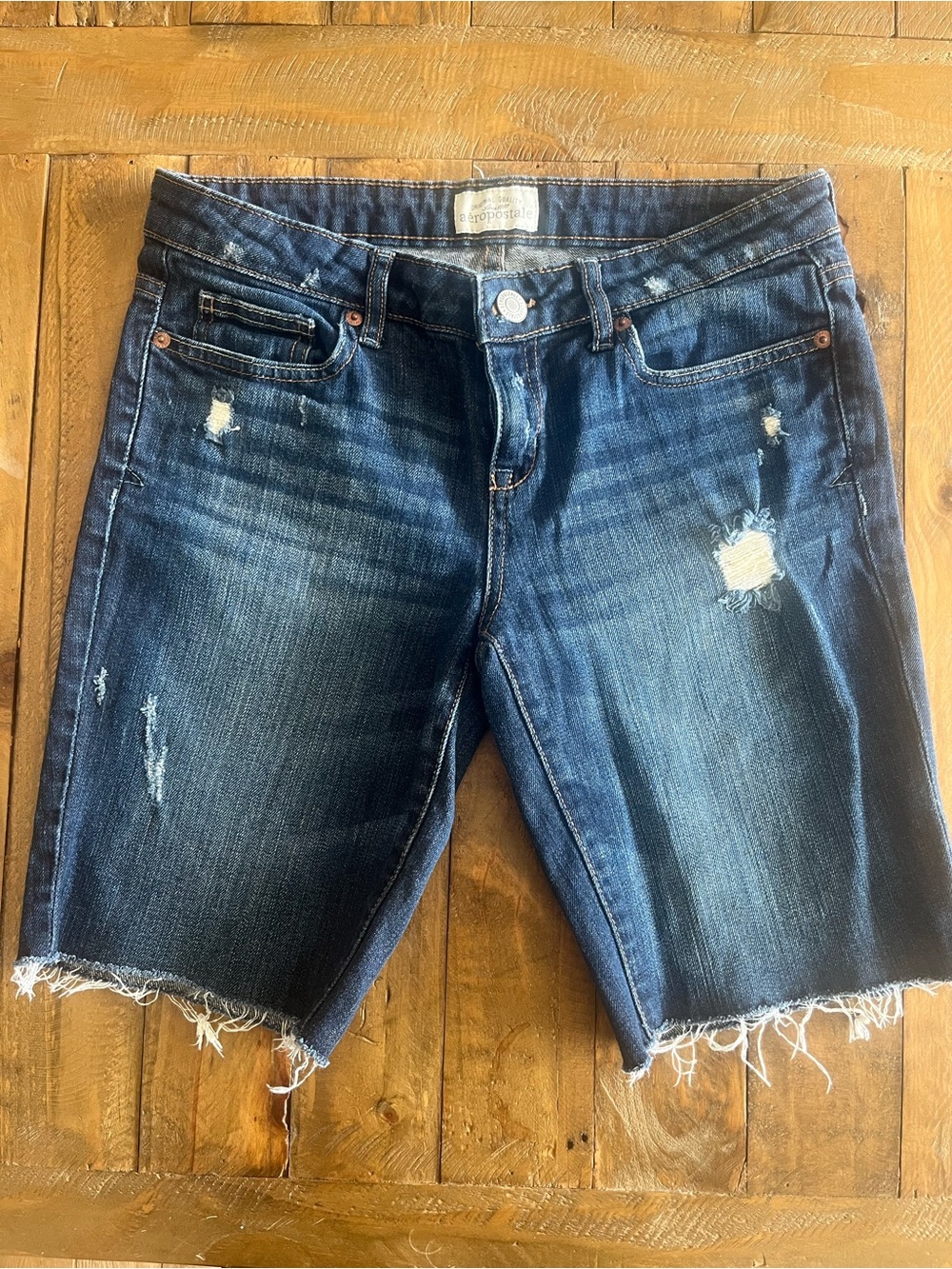 Aéropostale Dark Wash Distressed Denim Bermuda Shorts Raw Hem Y2K US 5/6